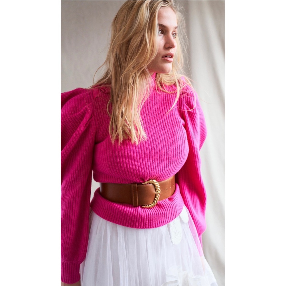 LoveShackFancy 100% Cashmere Potter Pullover Puff Sleeve Bow Detail Pink Sweater - Picture 5 of 11